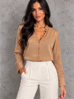 Express Blush Gold Shimmer Button-Front Blouse - Size XS - NWT